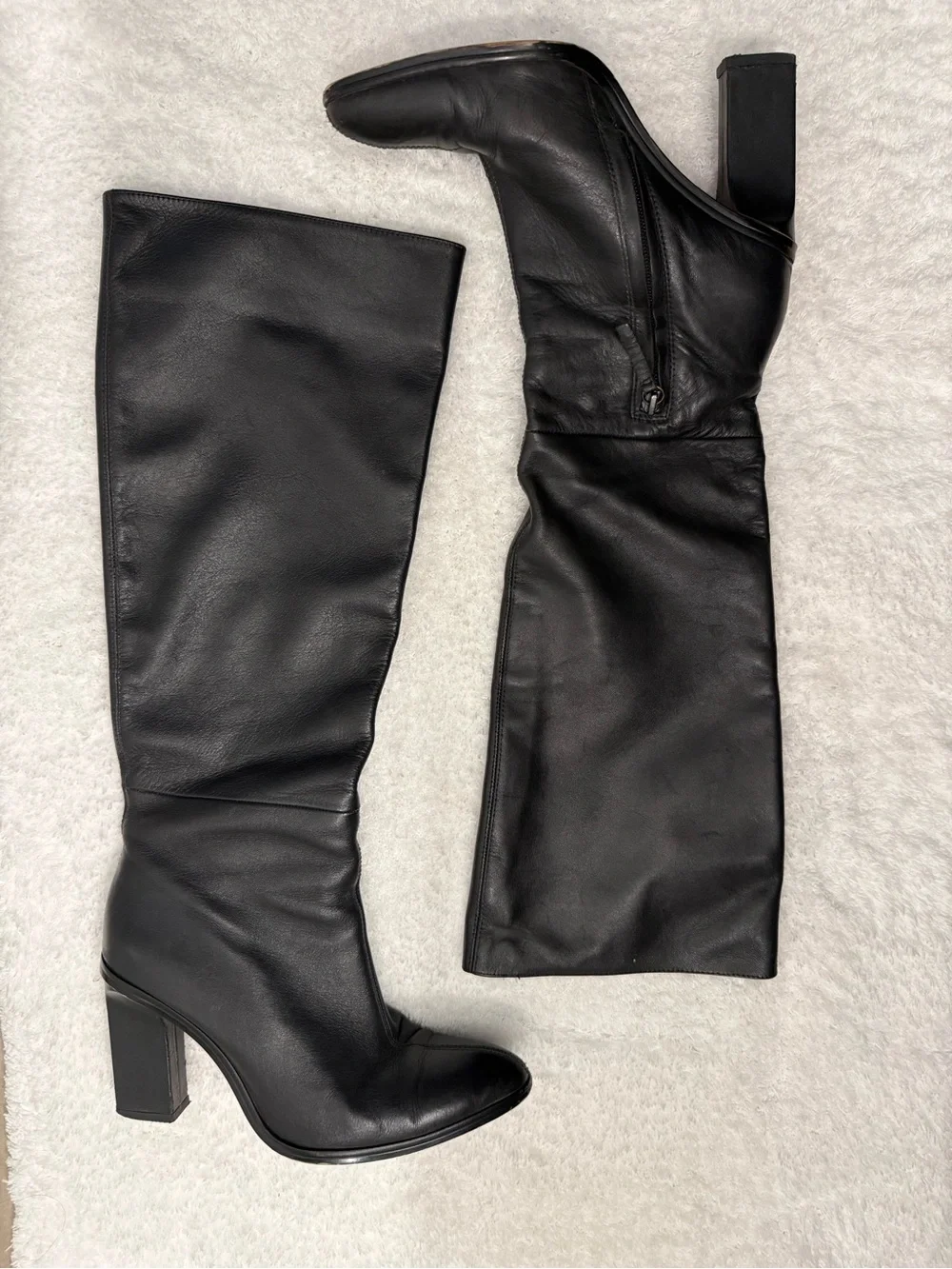 Real black leather Knee-High Block Heel Women's Boots